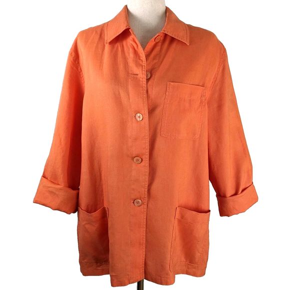 Evan- Picone Size L Orange 100% Linen Button Front Relaxed Fit Jacket Shacket - Picture 4 of 9